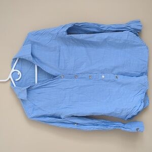 Large Blue Shein Shirt Roll Tab Sleeves Collared Button Up Gold Buttons